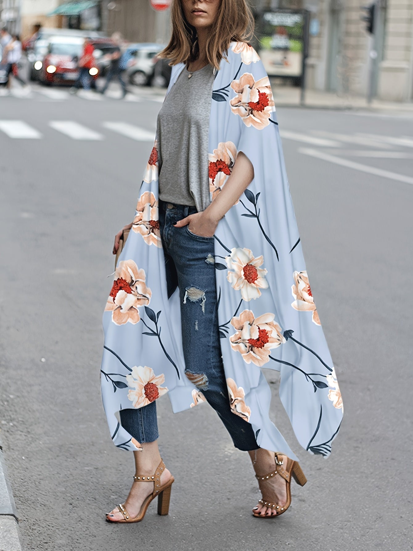 Floral Chiffon Blouse V Neck Long Sleeve Rash Guard Casual Beachwear