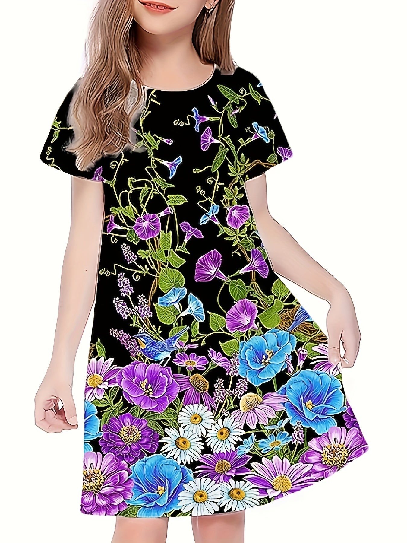 Butterfly Print Short Sleeve Dress for Summer Party Girls