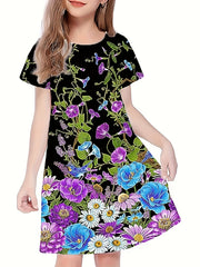 Butterfly Print Short Sleeve Dress for Summer Party Girls