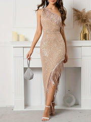 Sequined Tassel Dress One Shoulder Maxi Dress For Party Women's Clothing