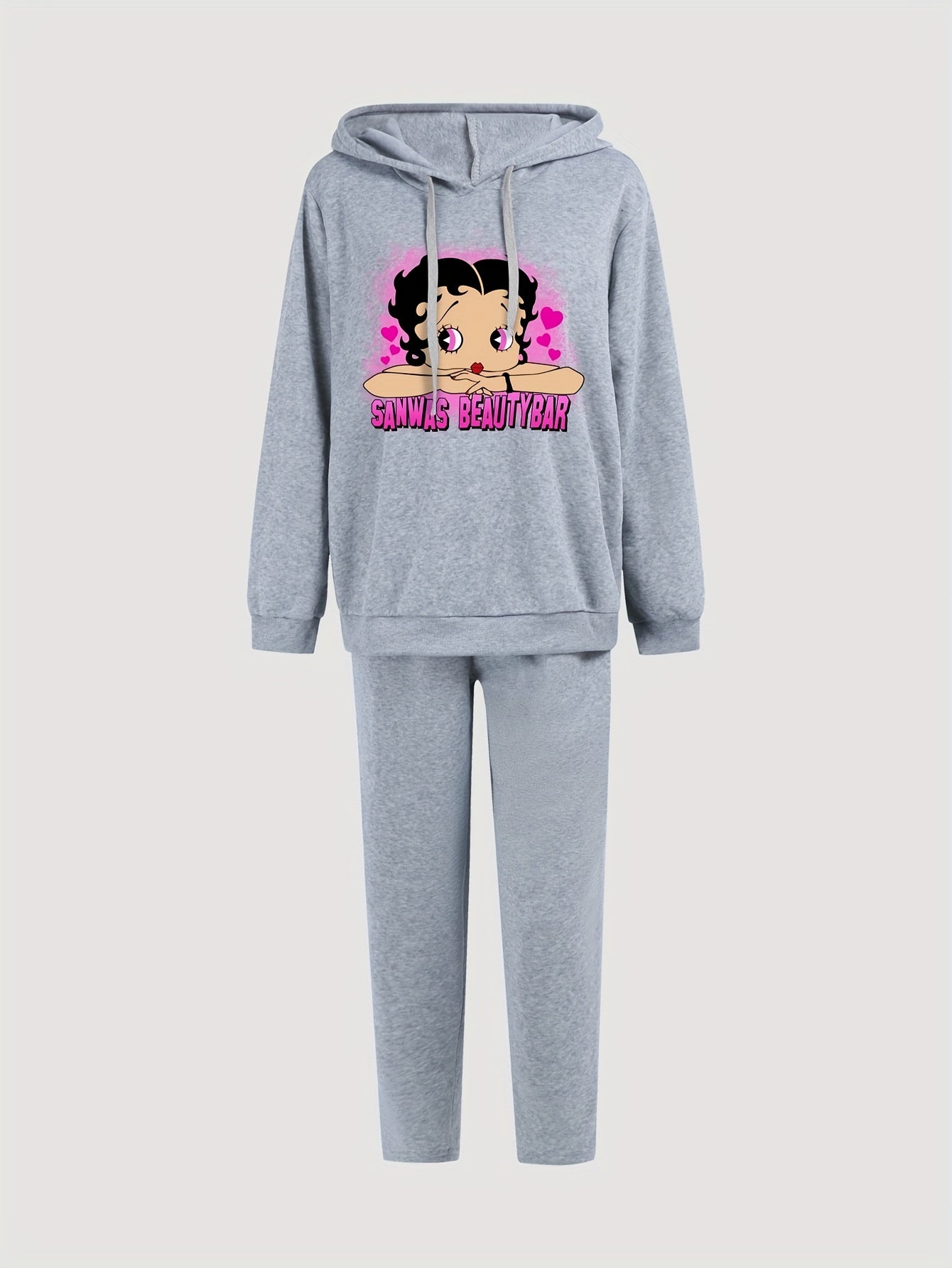 Casual Cartoon Girl Print Hoodie & Sweatpants Set