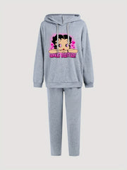 Casual Cartoon Girl Print Hoodie & Sweatpants Set