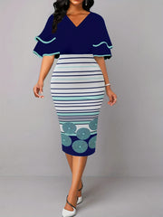 Layered Striped Print Dress Ruffle Sleeve Bodycon Dress Women's Clothing