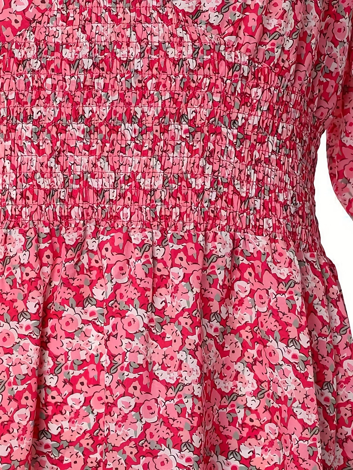 Women's Plus Floral Lantern Sleeve V Neck Shirred Waist Mini Dress