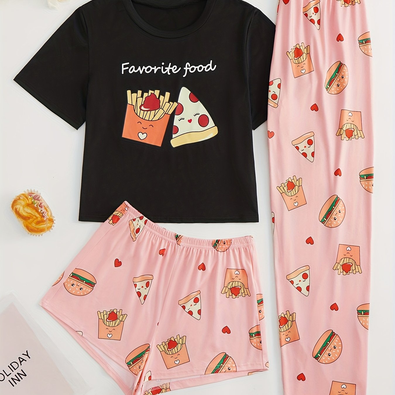 Cartoon Food Print Pajamas Set Top & Shorts & Lounge Pants Women's Sleepwear