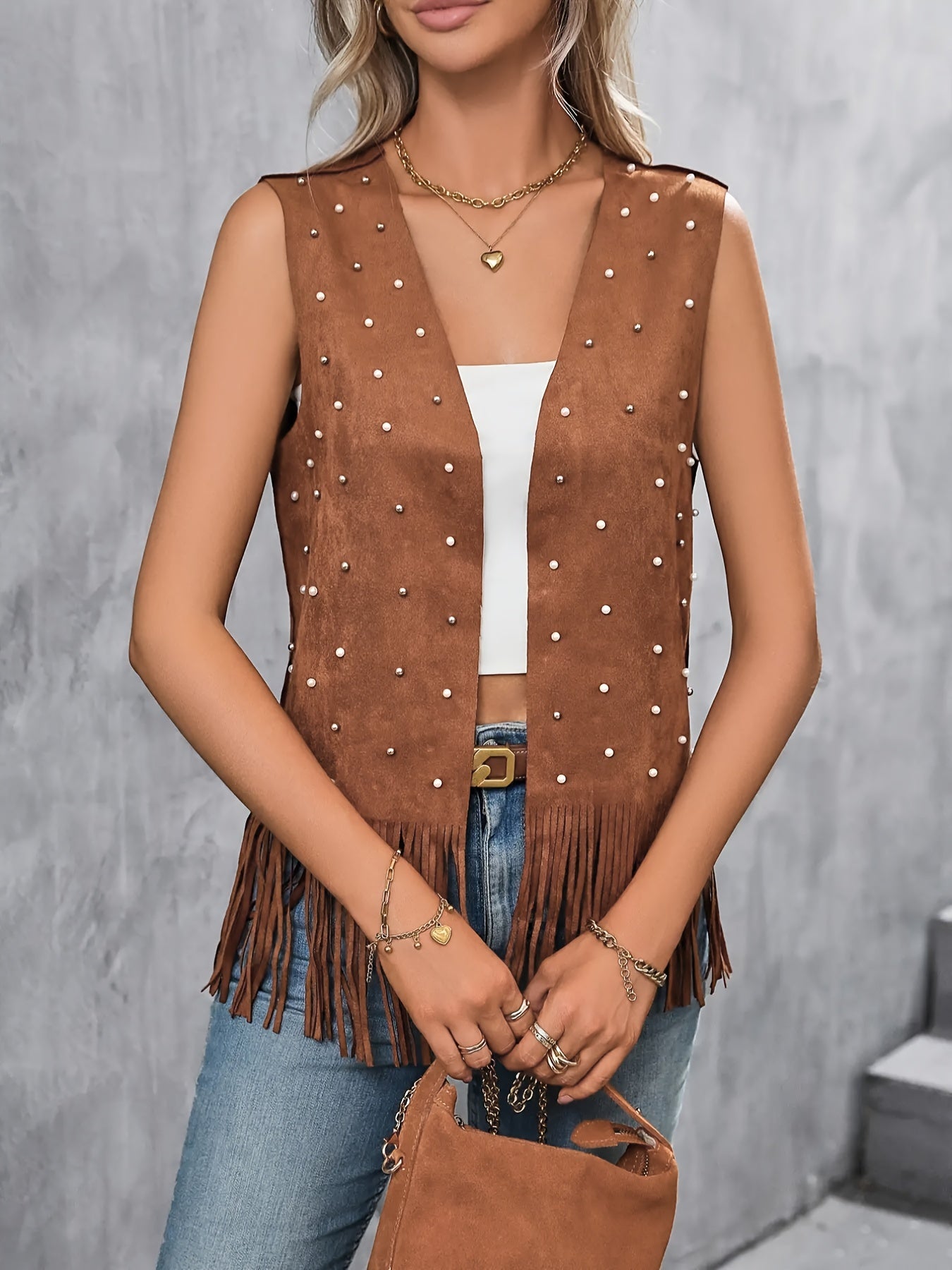 Casual Cardigan w/ Faux Pearl Decor Faux Suede Fringe Trim