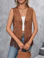 Casual Cardigan w/ Faux Pearl Decor Faux Suede Fringe Trim