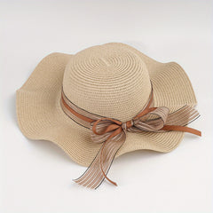 Striped Ribbon Bowknot Sun Hat Ruffles Wide Brim Straw Bucket Hats