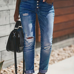 Women's Ripped Stretchy Button Fly Pocket Slim Fit Jeans