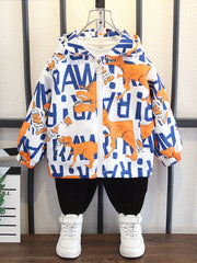 Boys Dinosaur Windbreaker Hooded Jacket Full Print Long Sleeve Zip Up Waterproof