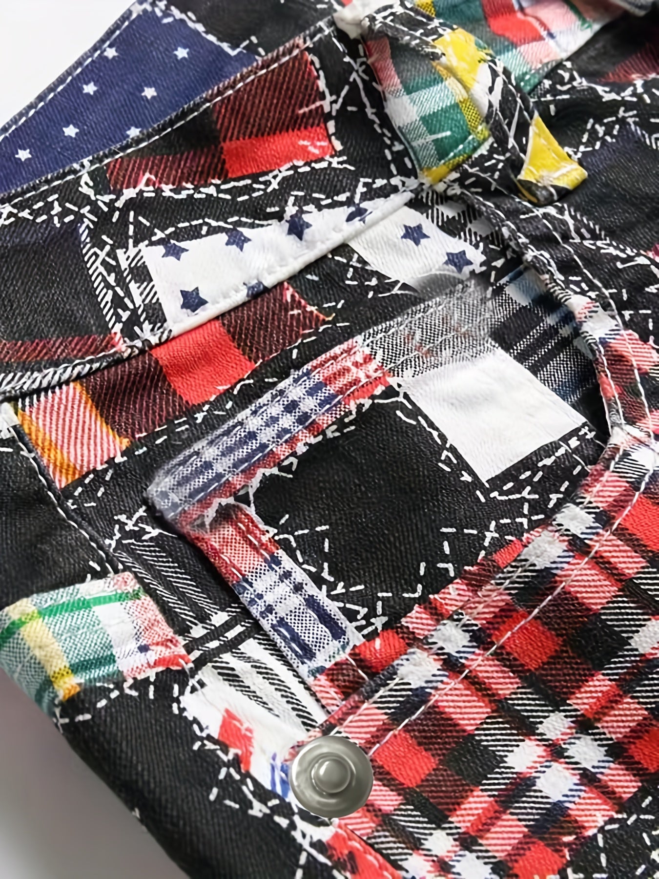 Plaid Pattern Ripped Denim Shorts Men's Street Style Slim Fit Distressed Shorts