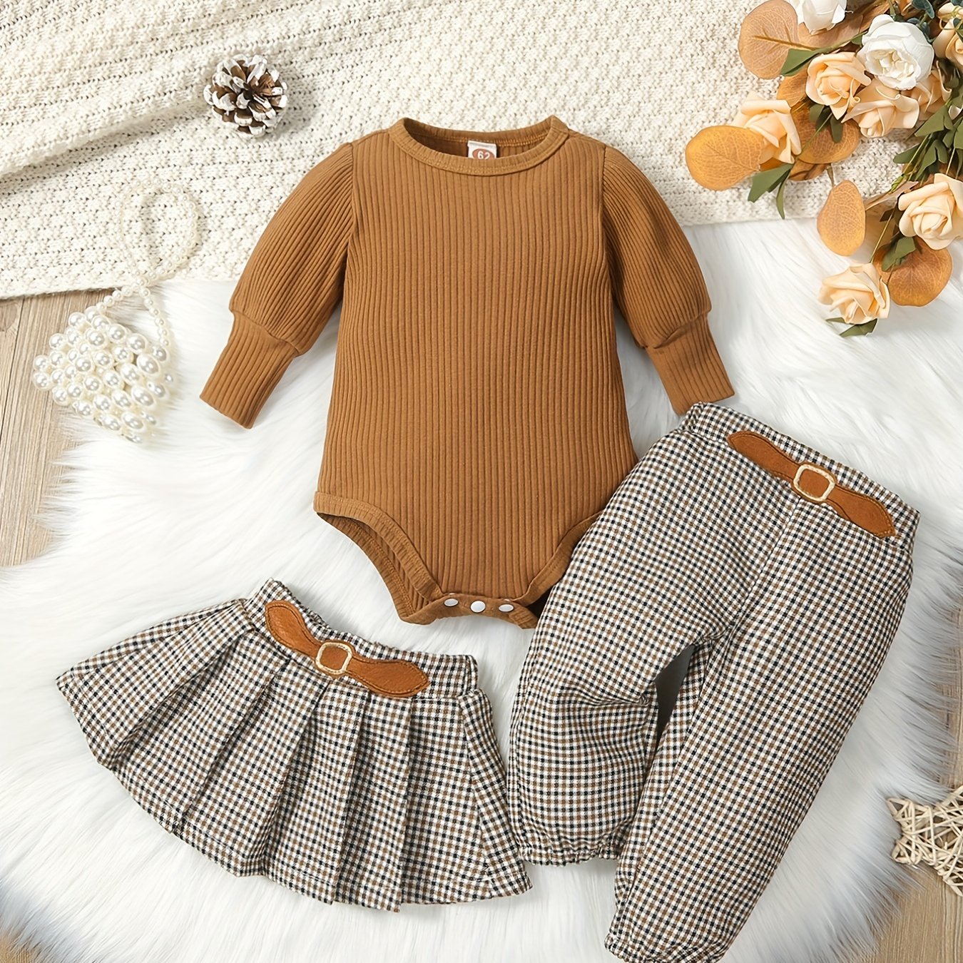 Baby Girls Stylish Puffy Sleeve Top & Houndstooth Skirt Set
