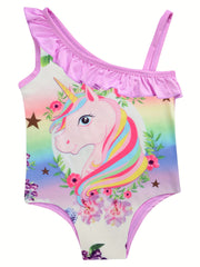 Girl's Unicorn Pattern Onesie Swimsuit Ruffle Tankini Bathing Suit