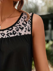 Leopard Splicing Tank Top Crew Neck Sleeveless Summer Tank Top