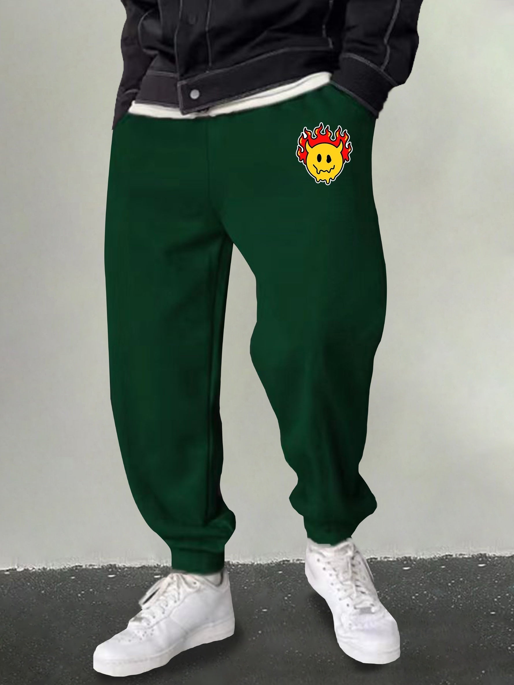 Men's Flame & Happy Face Graphic Sweatpants Casual Drawstring Loose Joggers