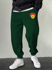 Men's Flame & Happy Face Graphic Sweatpants Casual Drawstring Loose Joggers