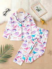 Girl's Dino Print Pajama Set Button Front Top & Elastic Pants