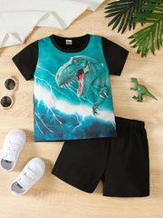 2pcs Boys Dinosaur Lightning T-shirt & Shorts Summer Clothes Sets