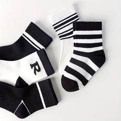 5 Pairs Girls Medium Tube Socks Autumn Winter Striped Regular Fashionable Socks