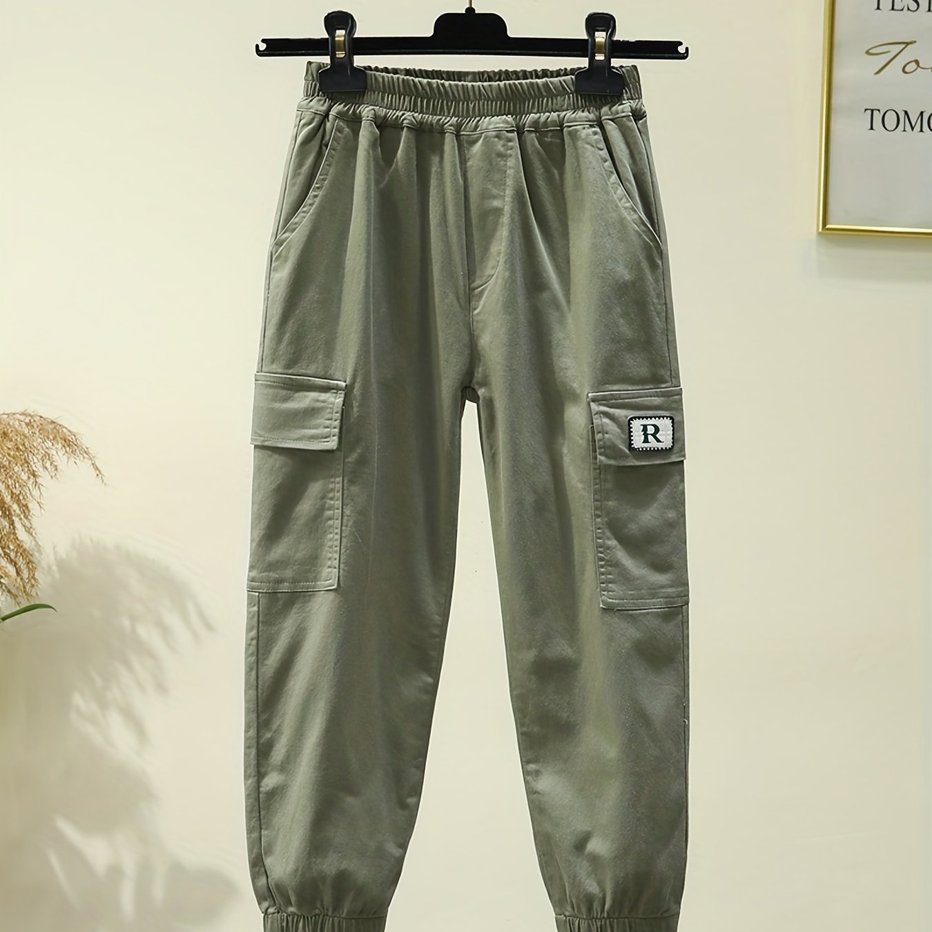 Boys Casual Cotton Cargo Pants Elastic Waist Jogger Pants