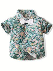 2pcs Boys Flower Short Sleeves Shirt & Shorts & Bow Tie Summer Clothes Sets