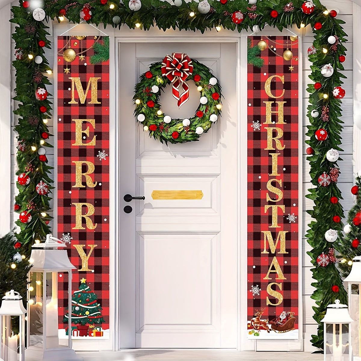 2pcs Christmas Decor Merry Christmas Banner Porch Sign Happy Year Pl