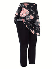 Women's Plus Floral Print Skirted Tennis Golf Leggings With Phone Pockets