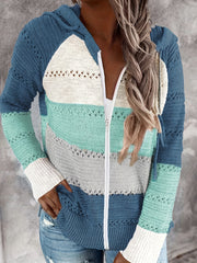 Zip Up Knit Cardigan Hollow Hooded Sweater