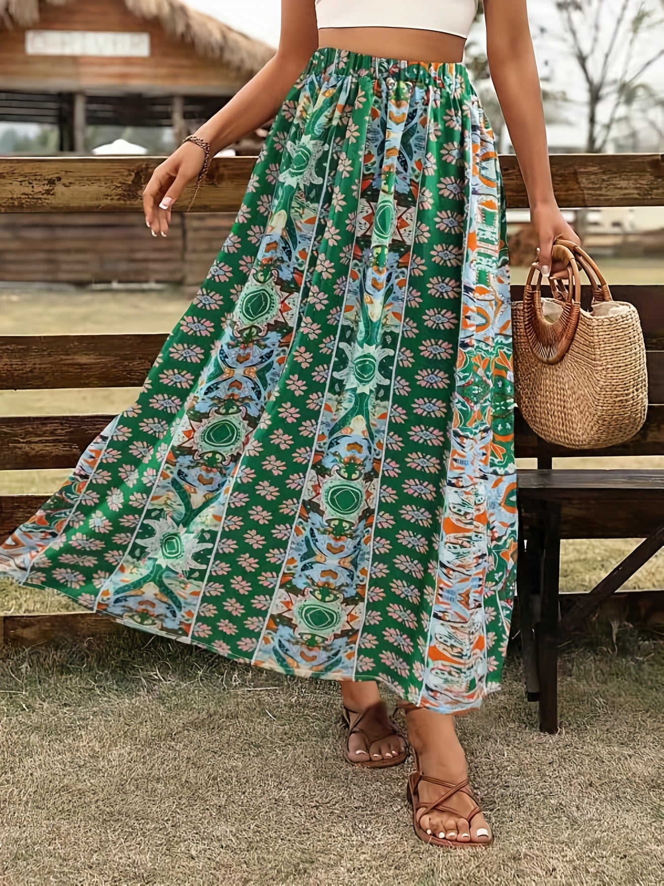 Boho Floral Print Elastic Waist Skirt Casual Skirt