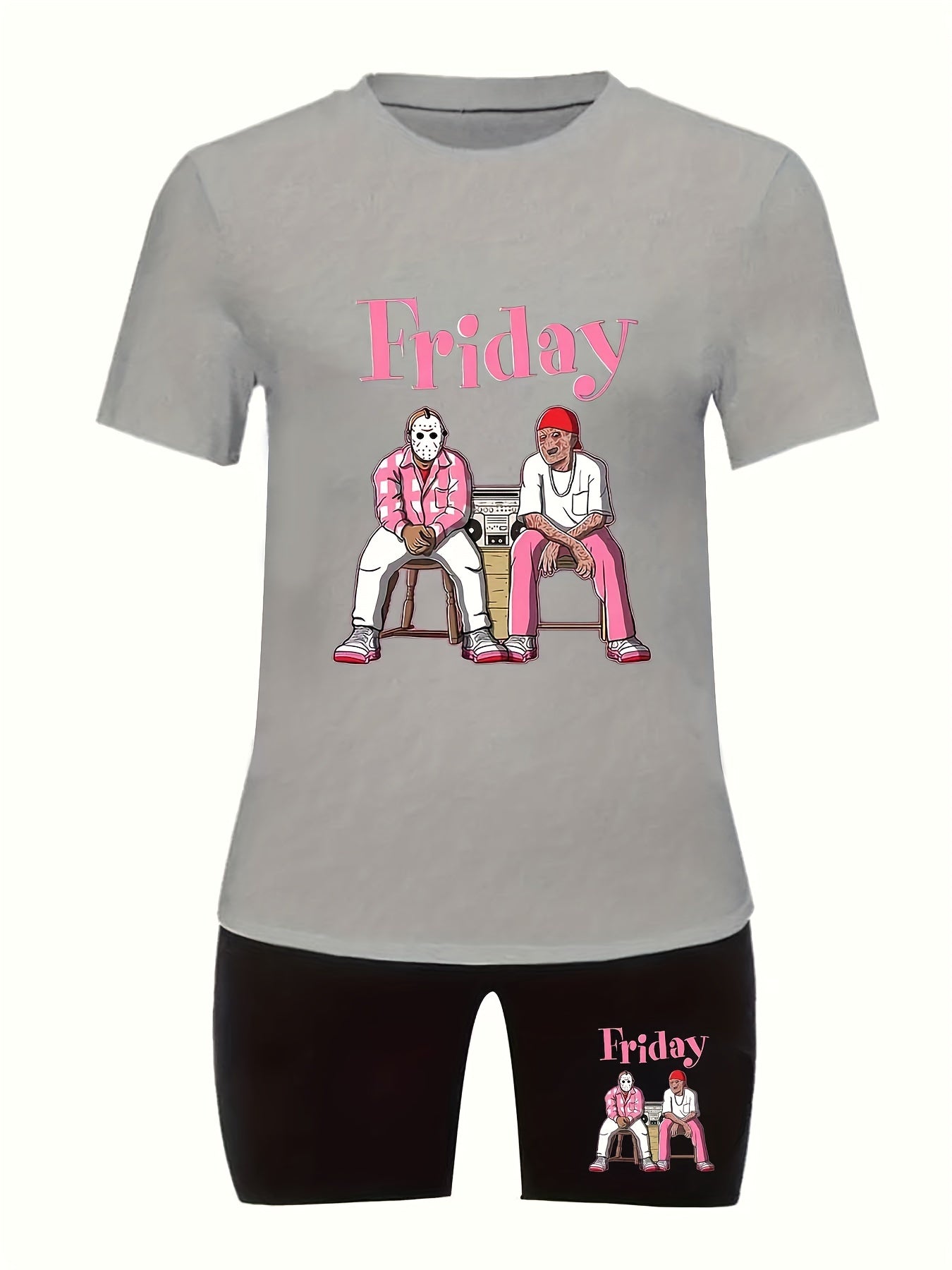 Cartoon Figure & Letter Print Top & Shorts Set