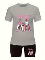 Cartoon Figure & Letter Print Top & Shorts Set