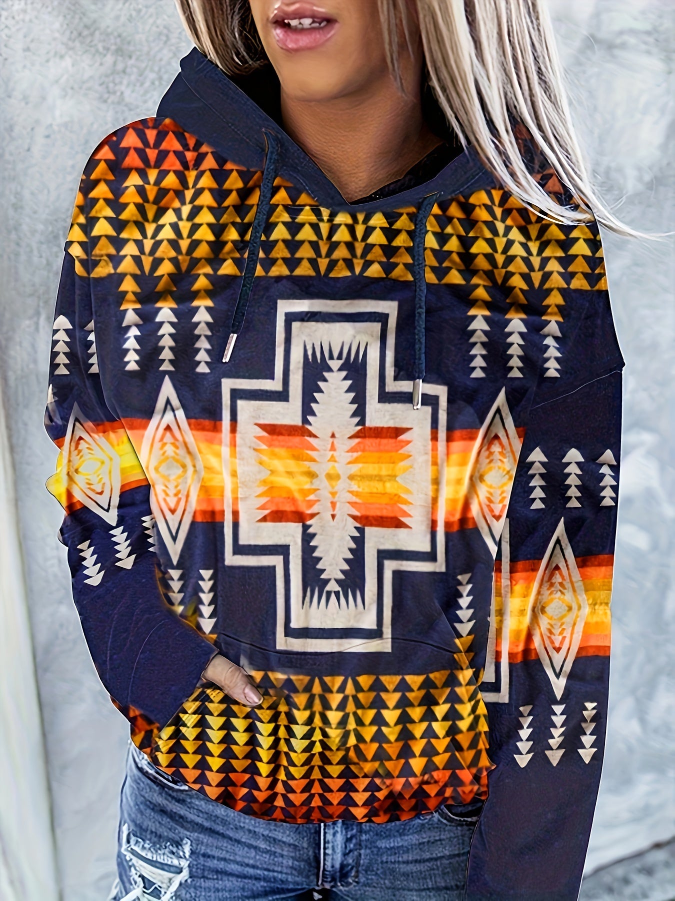 Ethnic Print Kangaroo Pocket Hoodie Casual Long Sleeve Hoodies
