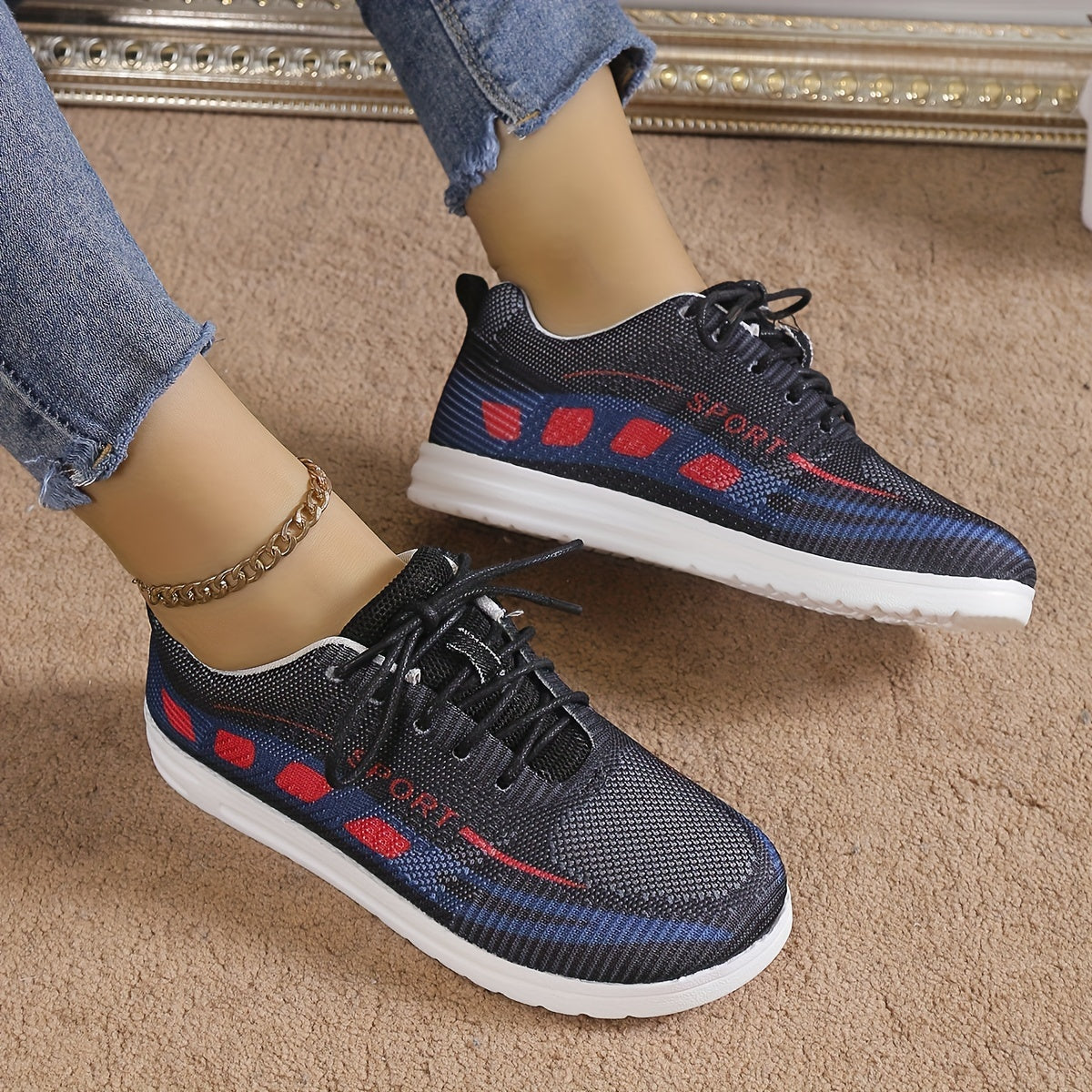 Women's Geometric Pattern Sneakers Lace Up Knit Mesh Running Trainers