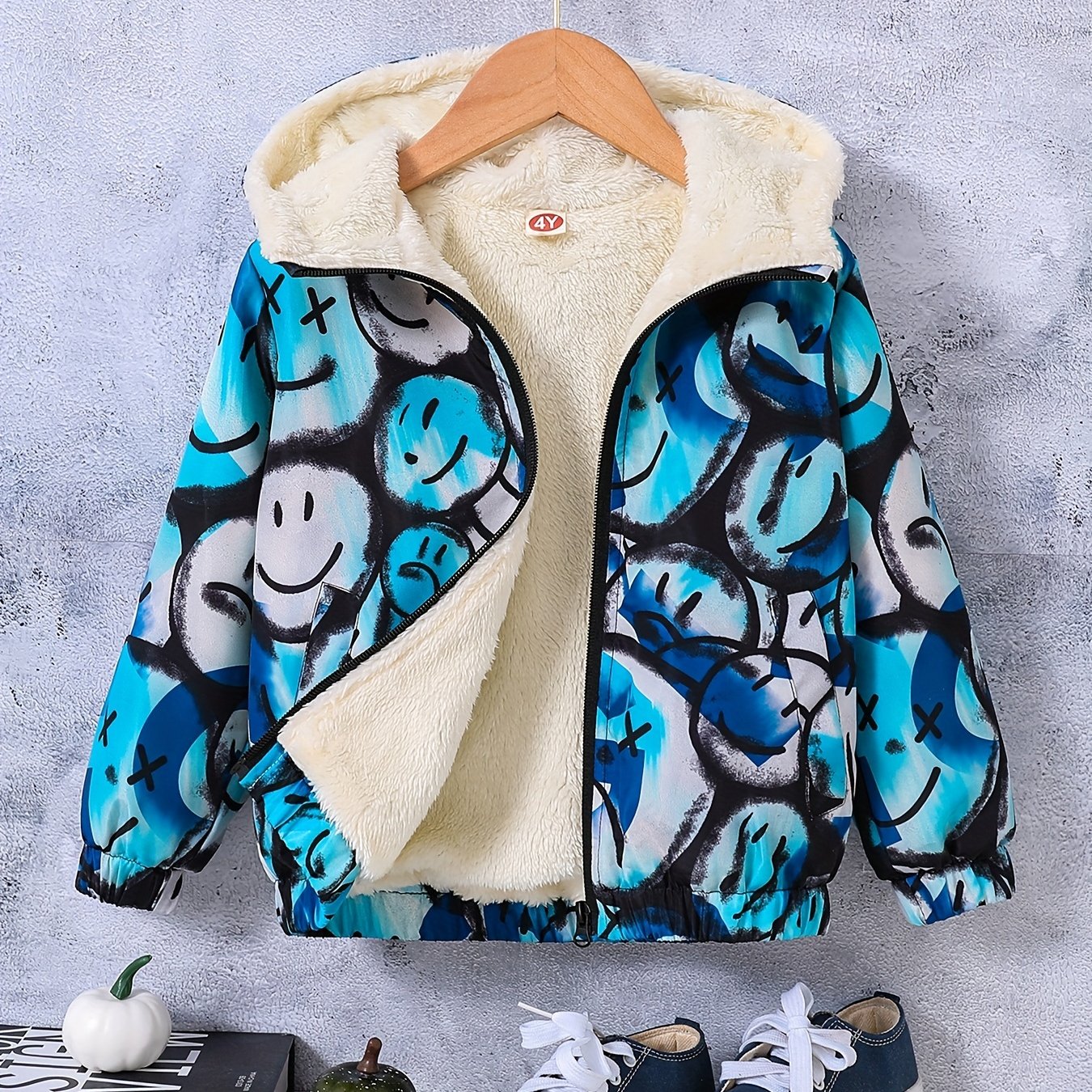 Boy's Tie Dye Happy Face Allover Print Hooded Fleece Jacket Zip Up Coat
