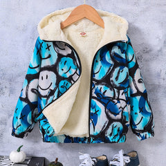 Boy's Tie Dye Happy Face Allover Print Hooded Fleece Jacket Zip Up Coat