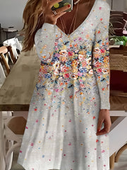Floral Print Long Sleeve V Neck Dress