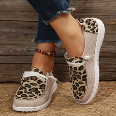 Leopard Print Loafers Lace Up Flat Canvas Shoes