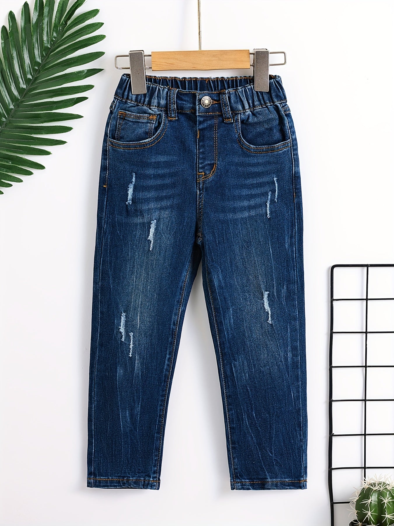 Boys Ripped Denim Jeans Elastic Waist Pants