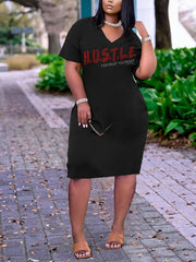 Casual Tee Dress Women's Plus Rhinestone Letter Short Sleeve