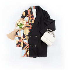 Chain Print Splicing Blazer Jacket Lapel Double Breast Outerwear