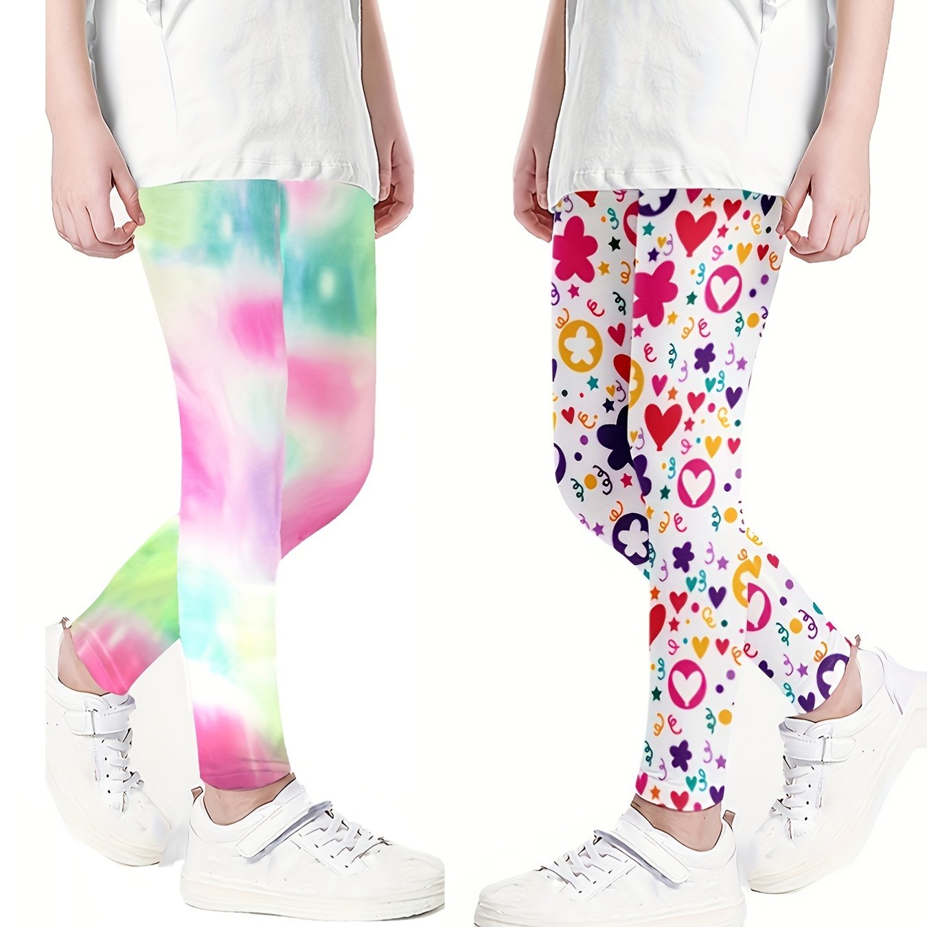 Girls Heart Flowers & Tie Dye Athletic Leggings Elastic Waist Yoga Pants