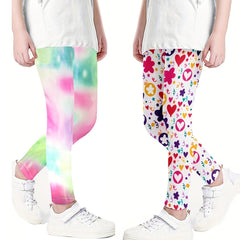 Girls Heart Flowers & Tie Dye Athletic Leggings Elastic Waist Yoga Pants