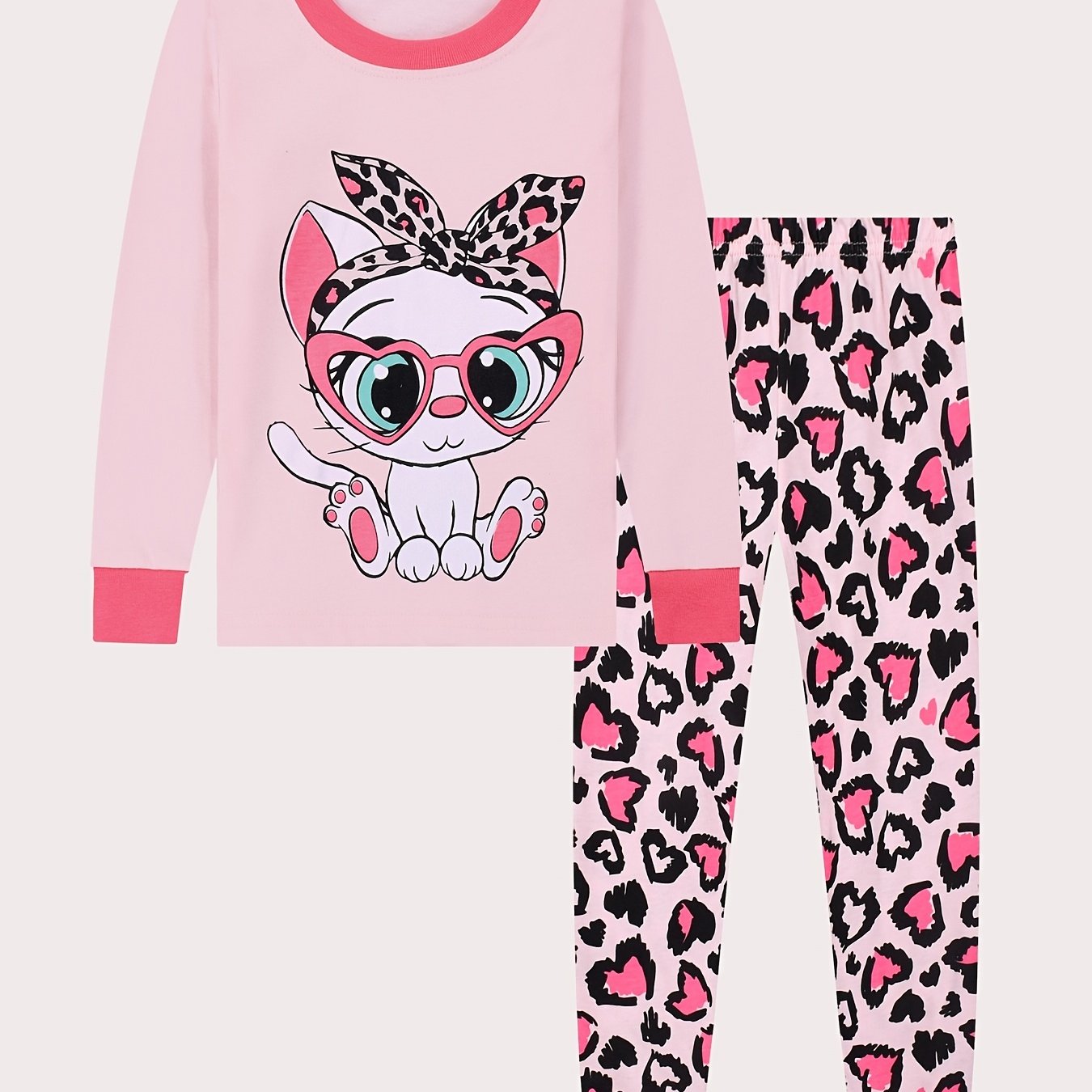 Cat Print Kids' Pajamas Set Long Sleeve Top & Leopard Pants Comfy Loungewear