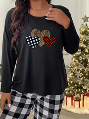 Women's Plaid Heart Graphic Long Sleeve Crew Neck Home Wear Tee
