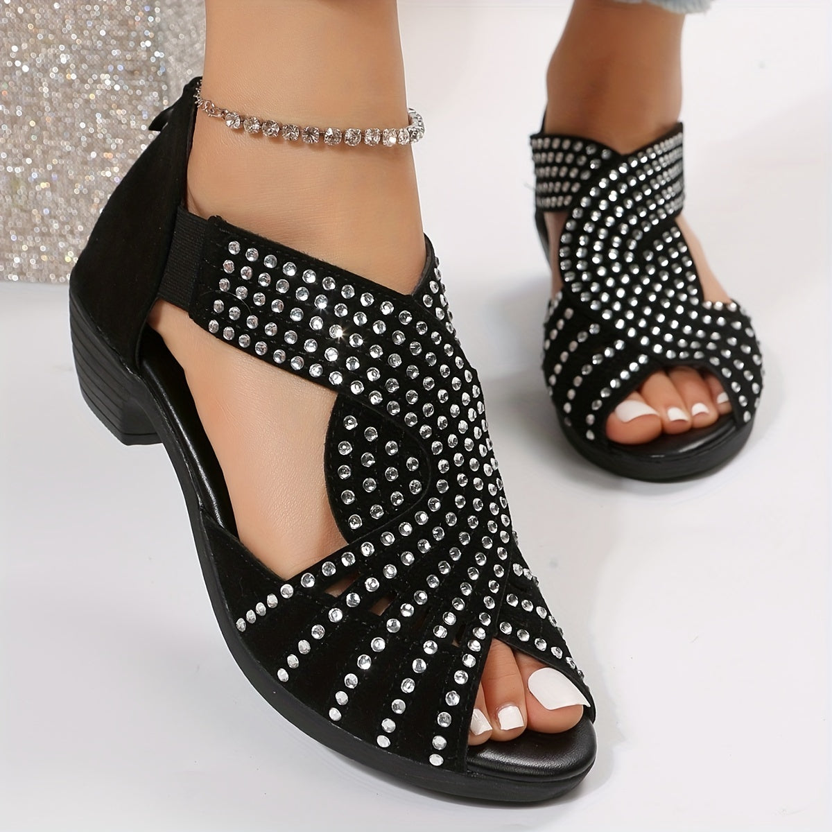 Rhinestone Cross Strap Sandals with Block Heel for Outdoor Activities