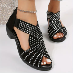 Rhinestone Cross Strap Sandals with Block Heel for Outdoor Activities