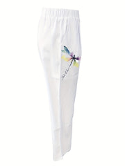 Dragonfly Print Pants Casual Elastic Waist Summer Pants Women's Clothing