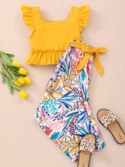 Girls Ruffle Top & Floral Print Pants 2pcs With Belt