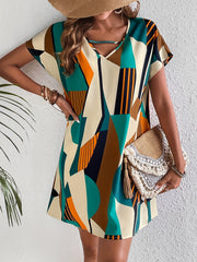 Geo Print Summer Dress Casual Short Sleeve V Neck Mini Dress
