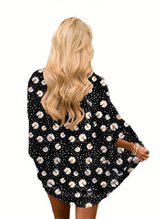 Floral Print Cover Up Shirt V Neck Loose Fit Long Sleeves Beachwear